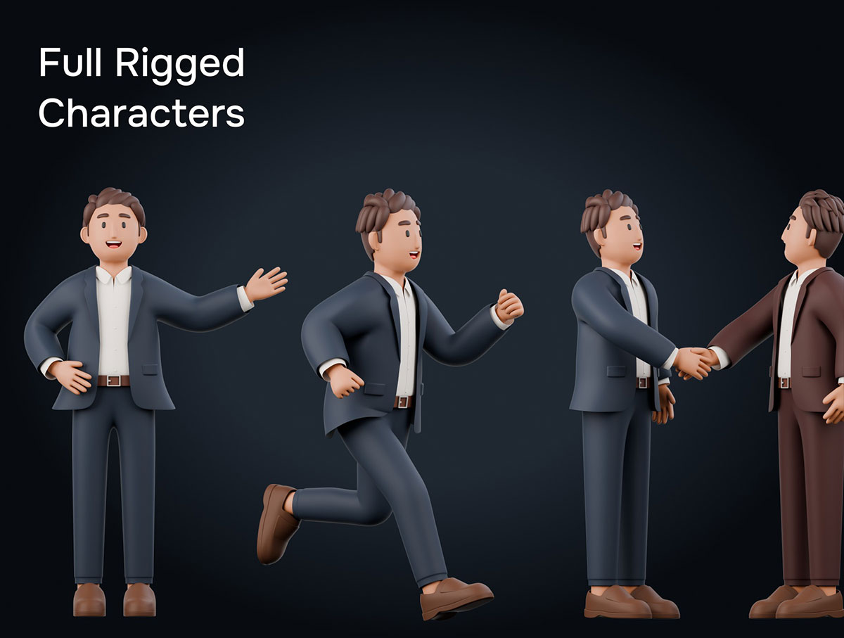 35个Blender高品质卡通全骨骼绑定商务男士3D角色模型素材 Business Man 3D Character Pack
