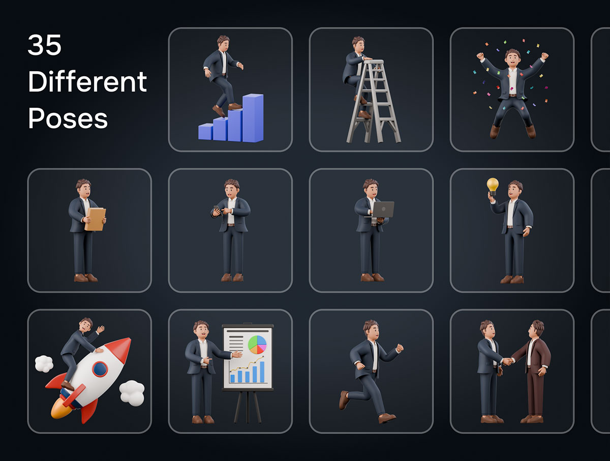 35个Blender高品质卡通全骨骼绑定商务男士3D角色模型素材 Business Man 3D Character Pack