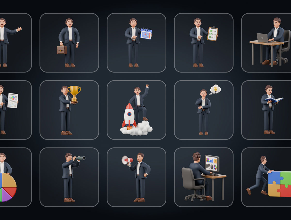35个Blender高品质卡通全骨骼绑定商务男士3D角色模型素材 Business Man 3D Character Pack