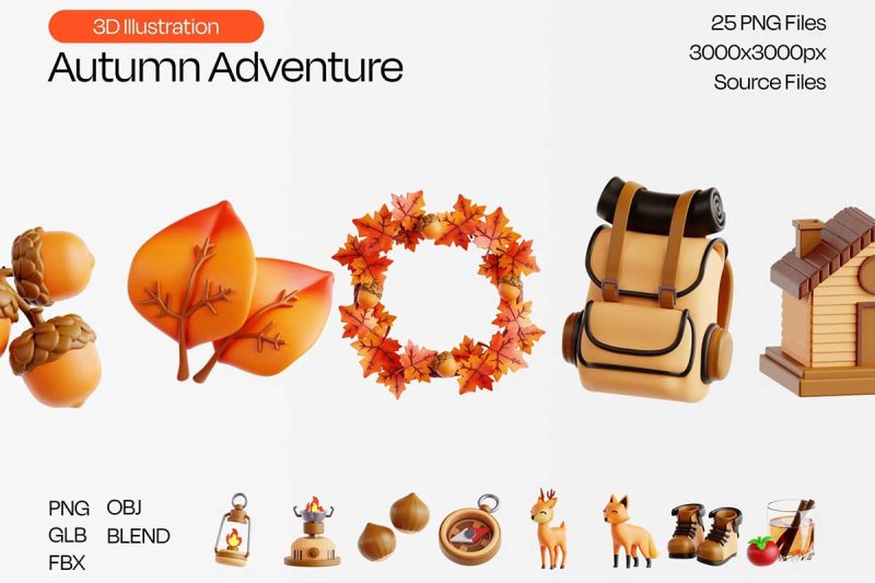 25个精美的卡通秋季冒险主题3D图标模型素材(Blender,FBX,OBJ,PNG) Autumn Adventure 3D Icon Set