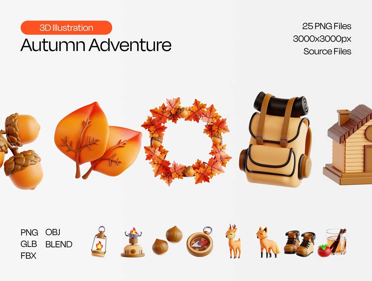 25个精美的卡通秋季冒险主题3D图标模型素材(Blender,FBX,OBJ,PNG) Autumn Adventure 3D Icon Set