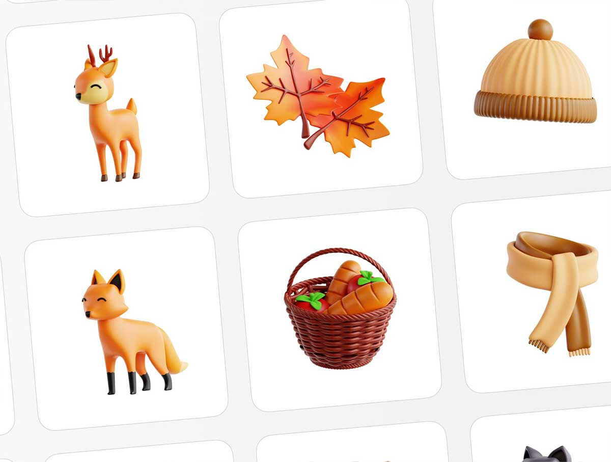 25个精美的卡通秋季冒险主题3D图标模型素材(Blender,FBX,OBJ,PNG) Autumn Adventure 3D Icon Set
