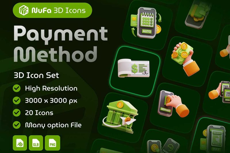 20种高品质卡通支付方式主题图标3D模型素材(Blender,PNG) Payment Method 3D Icon Set