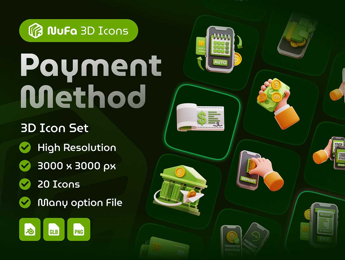 20种高品质卡通支付方式主题图标3D模型素材(Blender,PNG) Payment Method 3D Icon Set