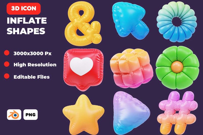 22个精美的Blender膨胀充气3D形状图标模型素材 Inflate Shapes 3D Icon Pack