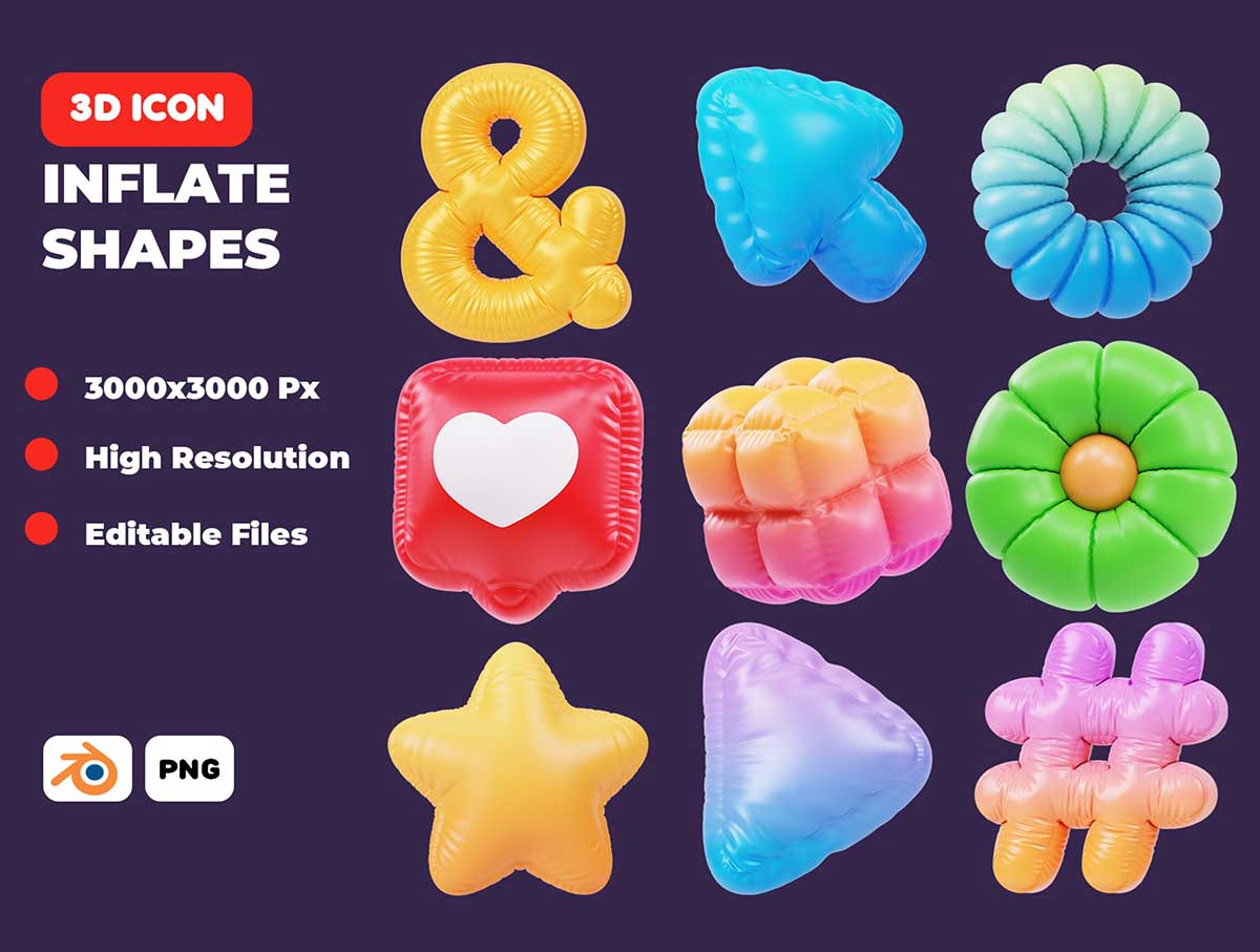 22个精美的Blender膨胀充气3D形状图标模型素材 Inflate Shapes 3D Icon Pack