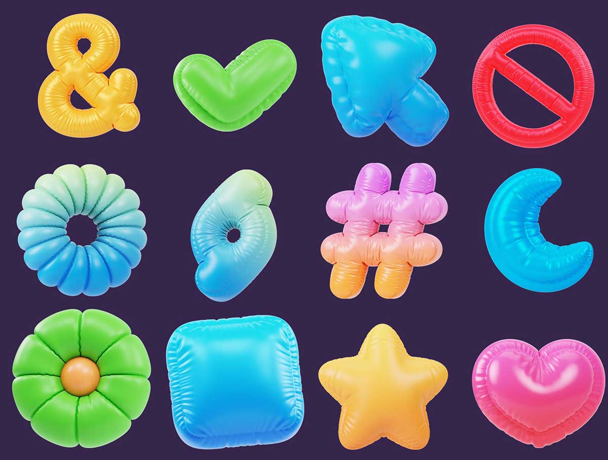 22个精美的Blender膨胀充气3D形状图标模型素材 Inflate Shapes 3D Icon Pack