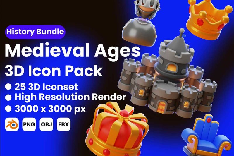 25个高品质欧洲中世纪主题图标3D模型素材 Collection For 25 Medieval 3D Icons