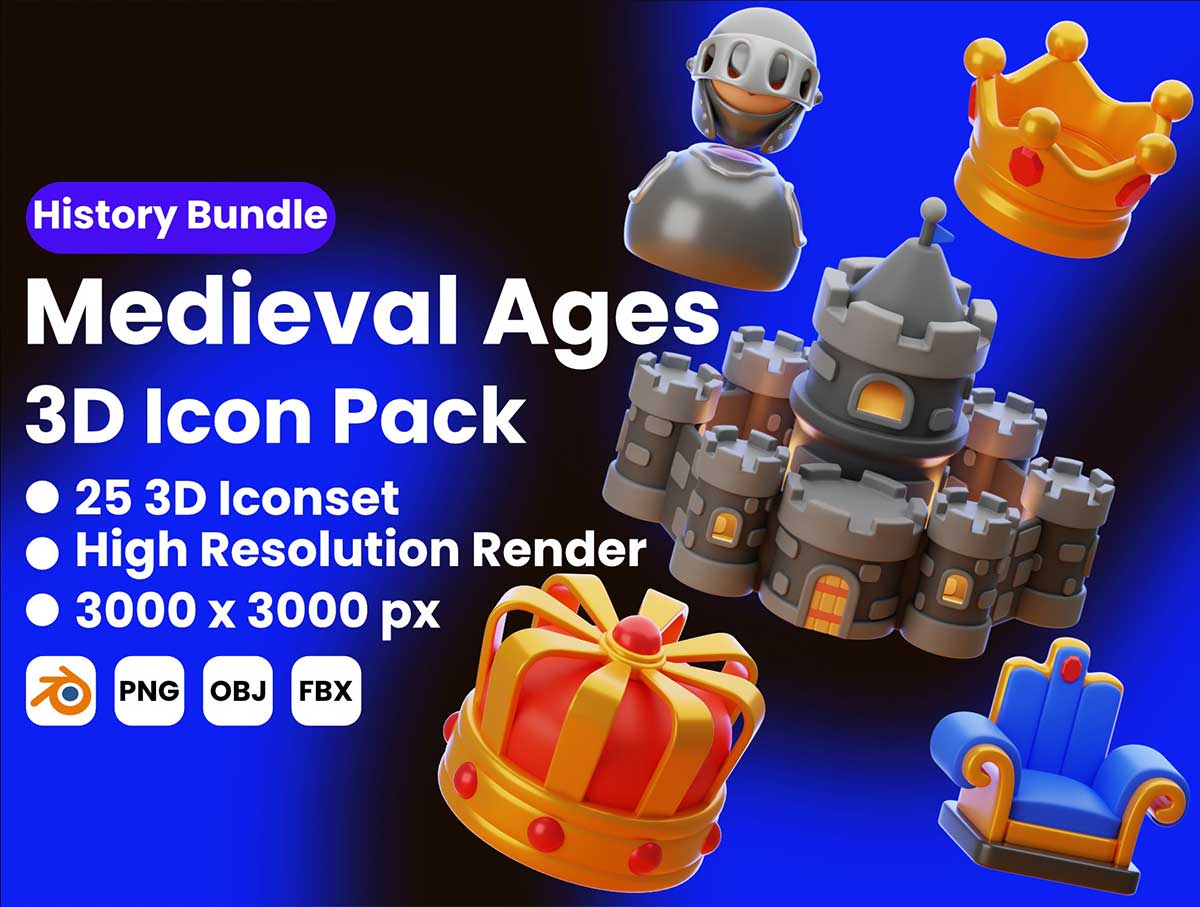 25个高品质欧洲中世纪主题图标3D模型素材 Collection For 25 Medieval 3D Icons