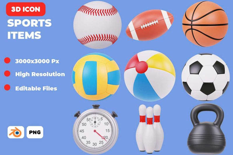 18个精美的Blender运动用品3D图标模型素材 Sport Items 3D Icon Pack