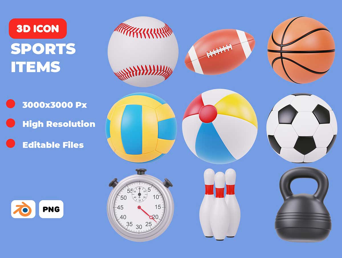18个精美的Blender运动用品3D图标模型素材 Sport Items 3D Icon Pack