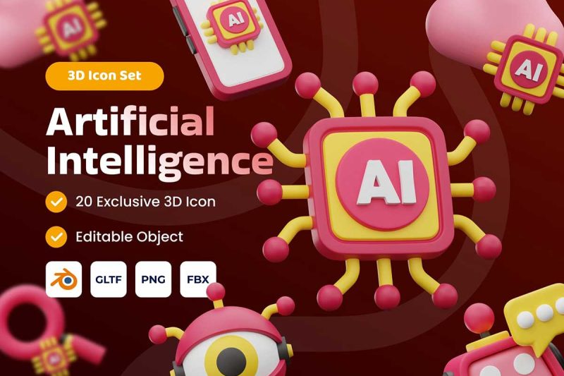 Ai人工智能主题3D图标模型素材(Blender,FBX,PNG) Artificial Intelligence 3D Icon