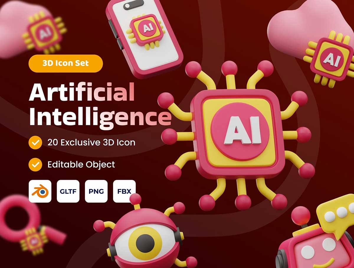 Ai人工智能主题3D图标模型素材(Blender,FBX,PNG) Artificial Intelligence 3D Icon
