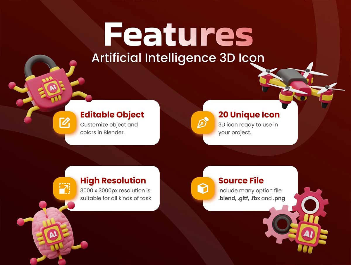 Ai人工智能主题3D图标模型素材(Blender,FBX,PNG) Artificial Intelligence 3D Icon