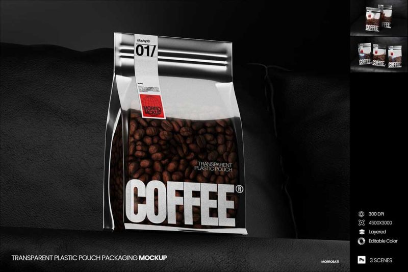 6款黑色背景质感咖啡包装塑料袋PSD样机素材 Transparent Plastic Pouch Packaging Mockup