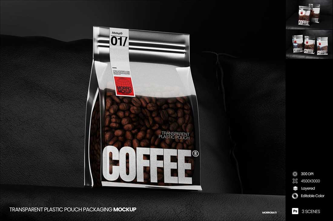 6款黑色背景质感咖啡包装塑料袋PSD样机素材 Transparent Plastic Pouch Packaging Mockup