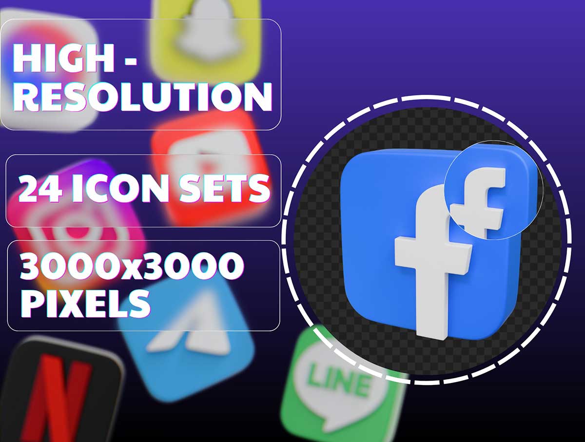 24高品质社交媒体应用3D图标模型素材(Blender,FBX,OBJ,PNG) Social Media 3D Icons