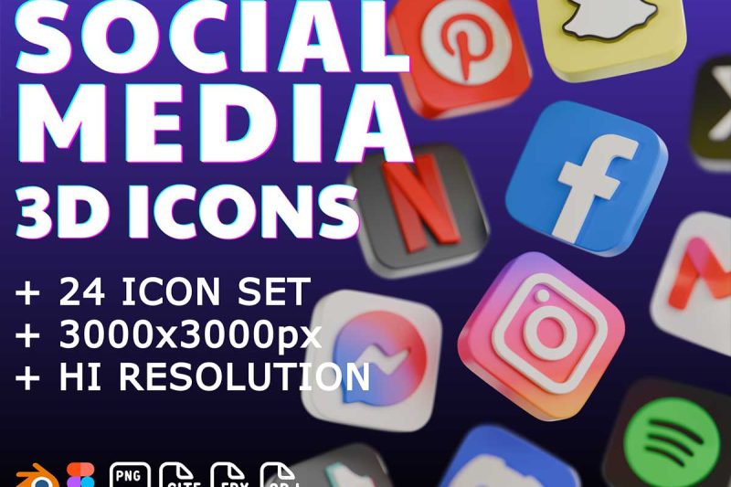 24高品质社交媒体应用3D图标模型素材(Blender,FBX,OBJ,PNG) Social Media 3D Icons