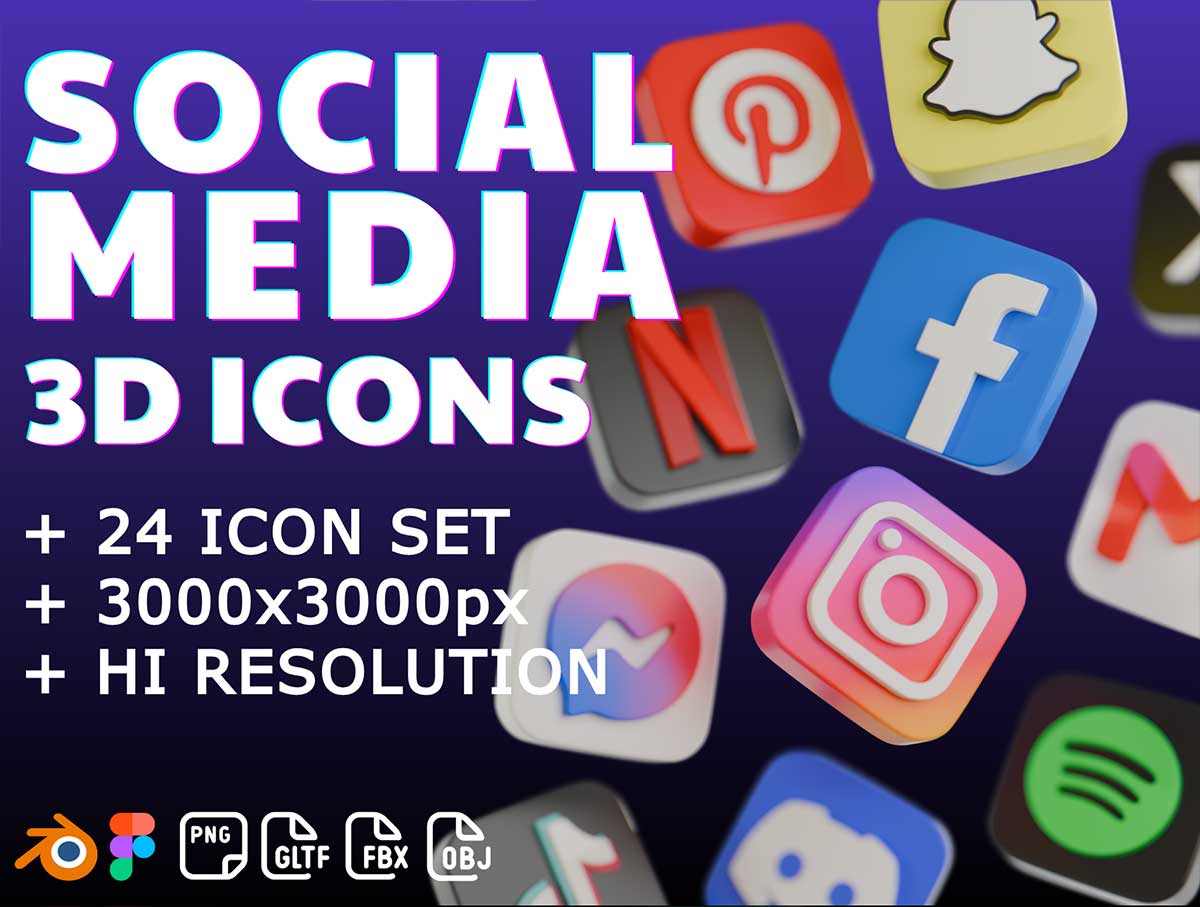24高品质社交媒体应用3D图标模型素材(Blender,FBX,OBJ,PNG) Social Media 3D Icons