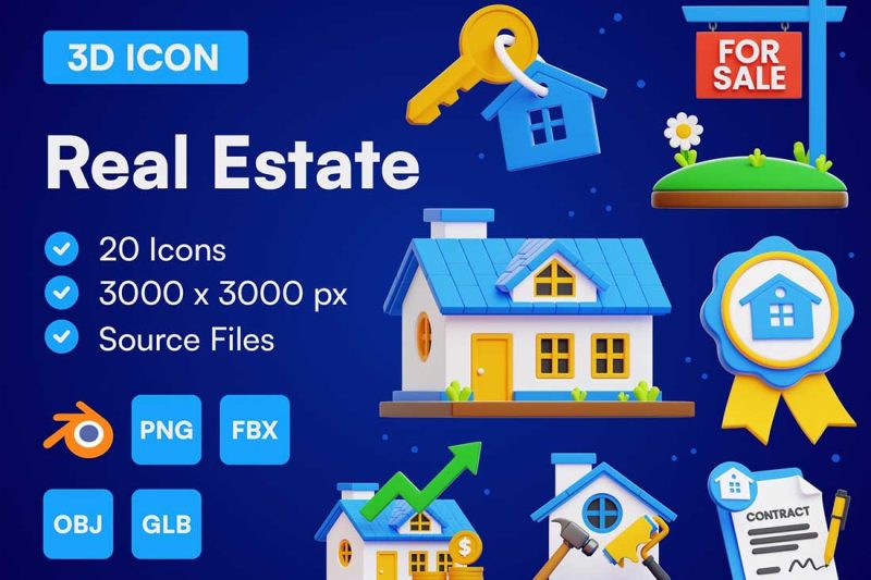 20个高质量的房地产3D图标模型素材(Blender,FBX,OBJ) 20 Real Estate 3D Icon Set