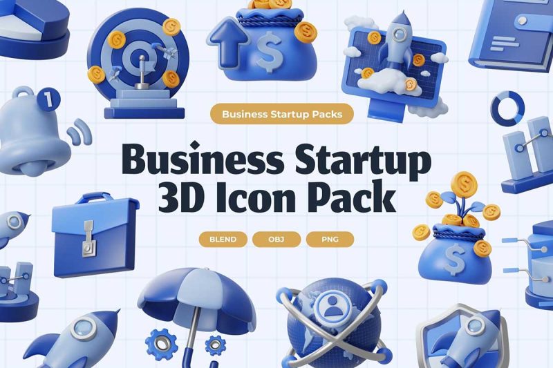 20个高质量Blender企业创业主题3D图标模型素材(Blender,OBJ,PNG) Business Startup 3D Icons
