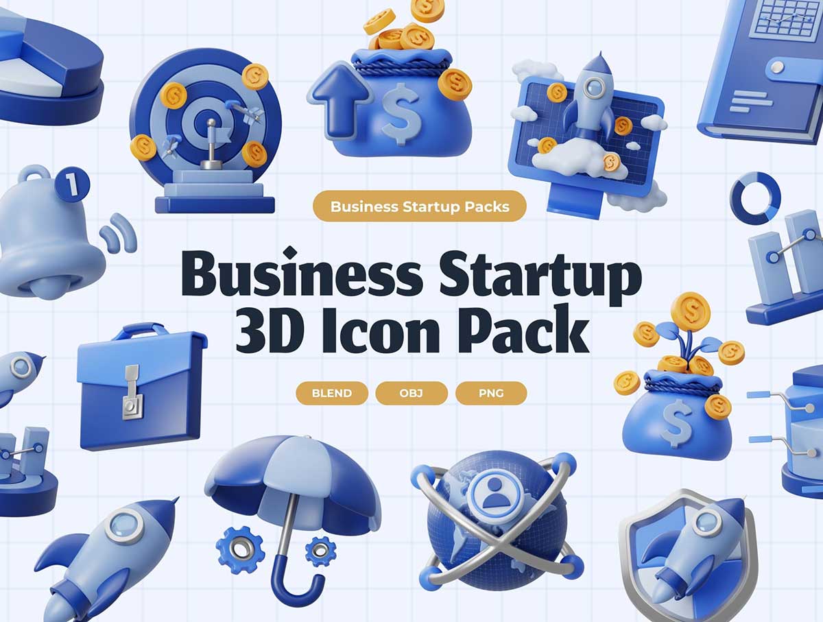 20个高质量Blender企业创业主题3D图标模型素材(Blender,OBJ,PNG) Business Startup 3D Icons