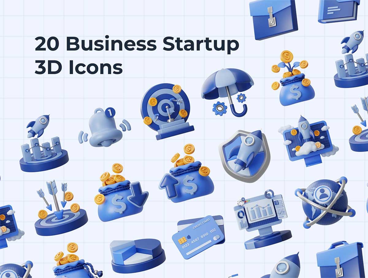 20个高质量Blender企业创业主题3D图标模型素材(Blender,OBJ,PNG) Business Startup 3D Icons