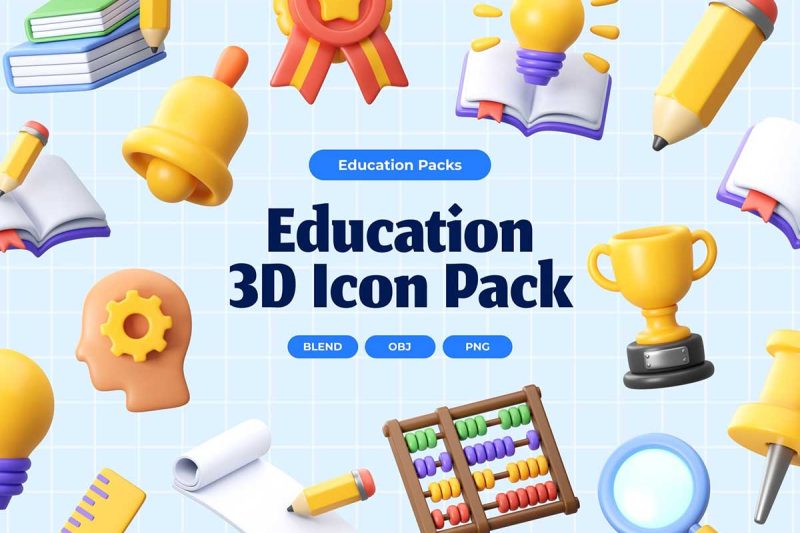 20个教育类相关图标3D模型素材(Blender,OBJ,PNG) 20 Education 3D Icons Collection