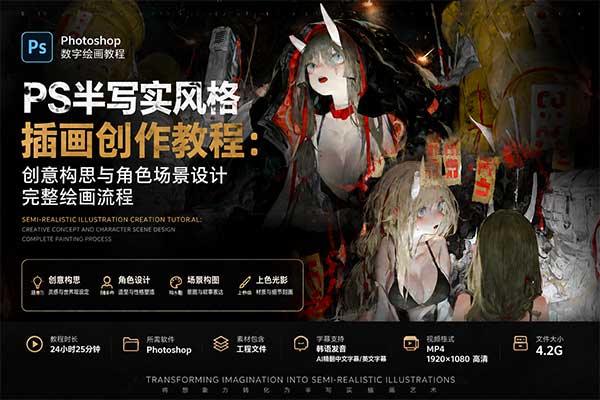 PS半写实风格插画创作教程：创意构思与角色场景设计完整绘画流程(中英文字幕)