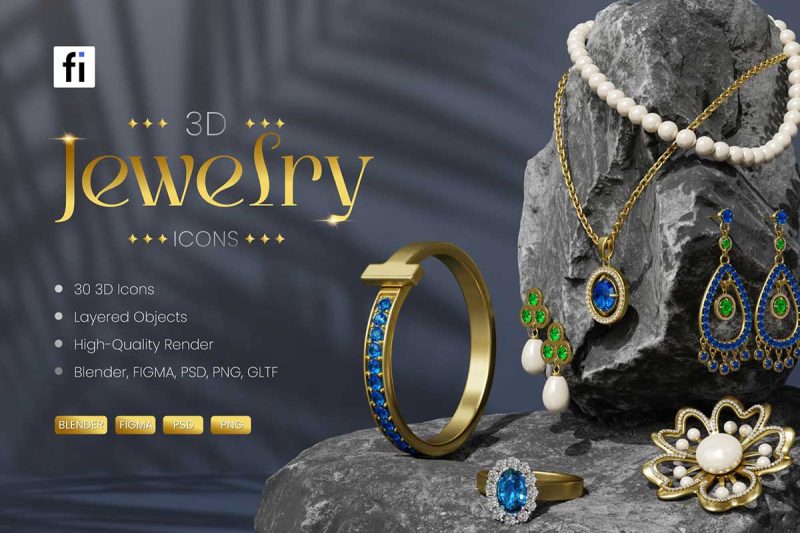 30款高质量3D珠宝模型设计素材下载(Blender,PSD,PNG,FIGMA) 3D Jewelry Icon Set
