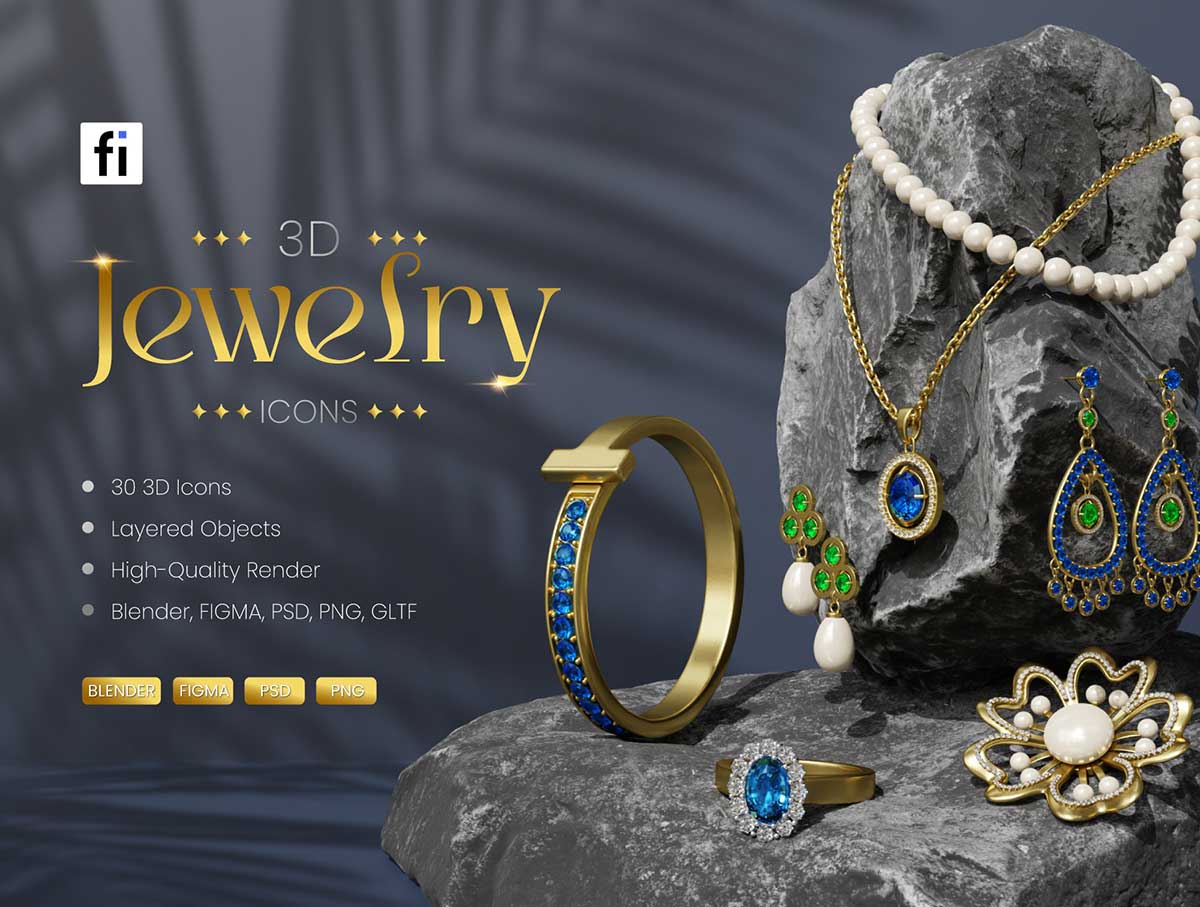 30款高质量3D珠宝模型设计素材下载(Blender,PSD,PNG,FIGMA) 3D Jewelry Icon Set