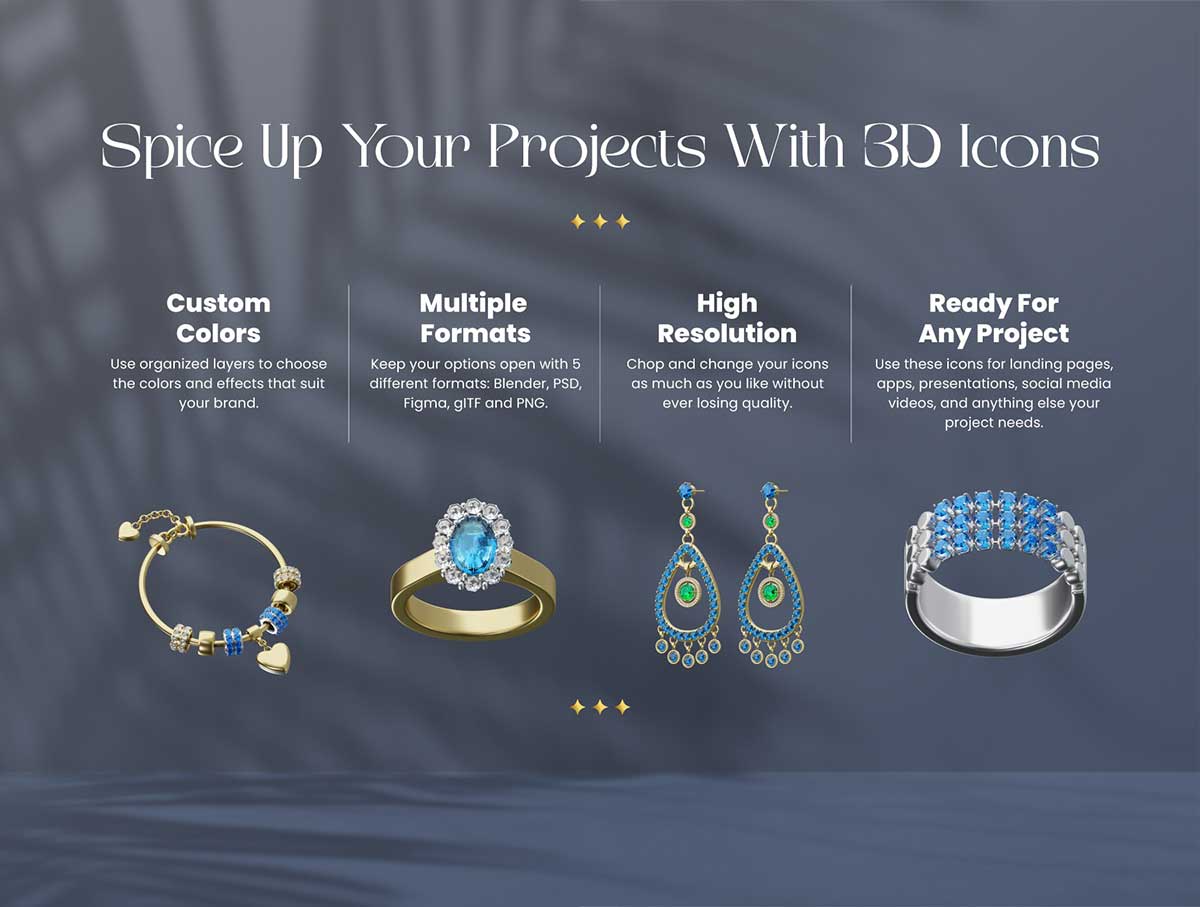 30款高质量3D珠宝模型设计素材下载(Blender,PSD,PNG,FIGMA) 3D Jewelry Icon Set