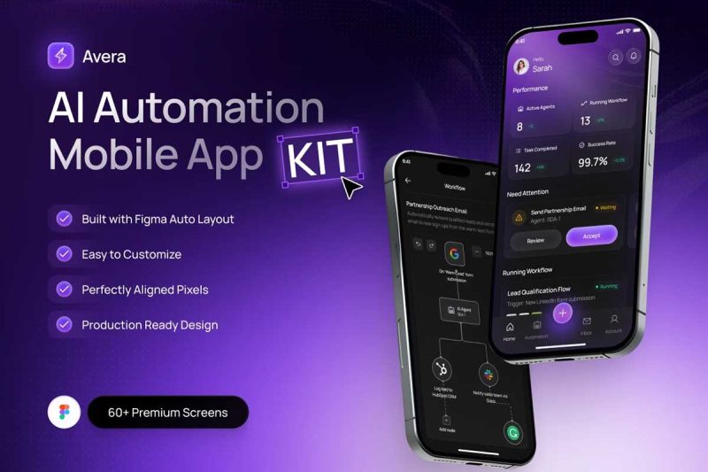 60+屏AI人工智能项目流程管理应用AppUi界面设计模板素材 Avera – AI Automation Mobile App Kit