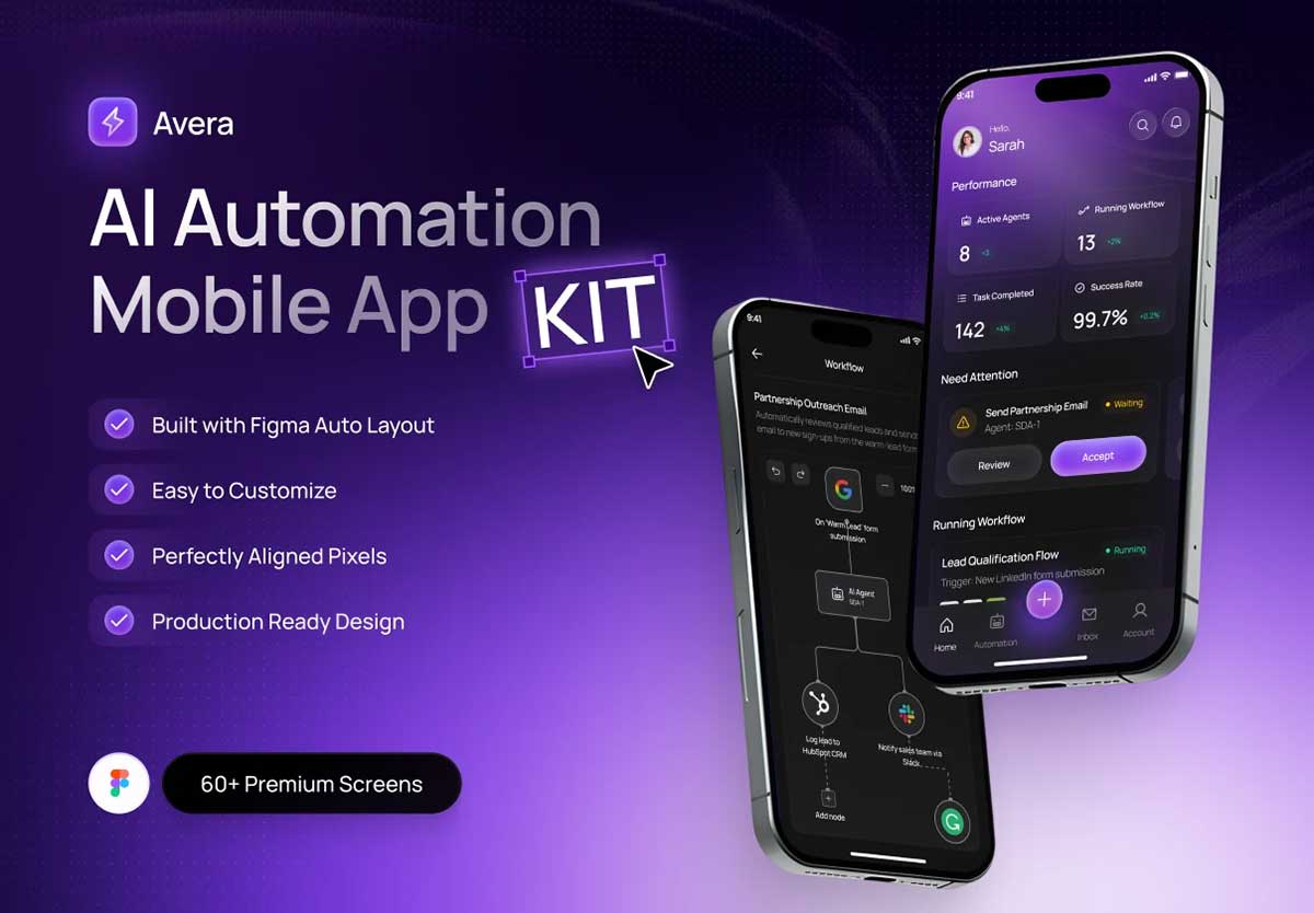 60+屏AI人工智能项目流程管理应用AppUi界面设计模板素材 Avera – AI Automation Mobile App Kit