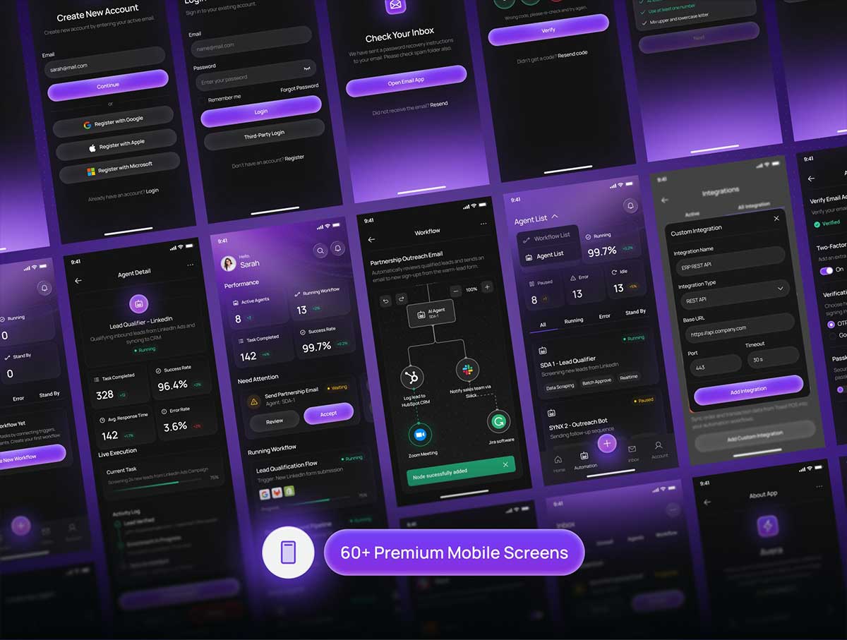 60+屏AI人工智能项目流程管理应用AppUi界面设计模板素材 Avera – AI Automation Mobile App Kit