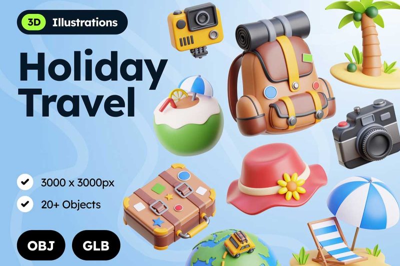 20个卡通假日旅行相关3D图标模型素材(OBJ,PNG) 20+ Holiday Travel 3D Icons