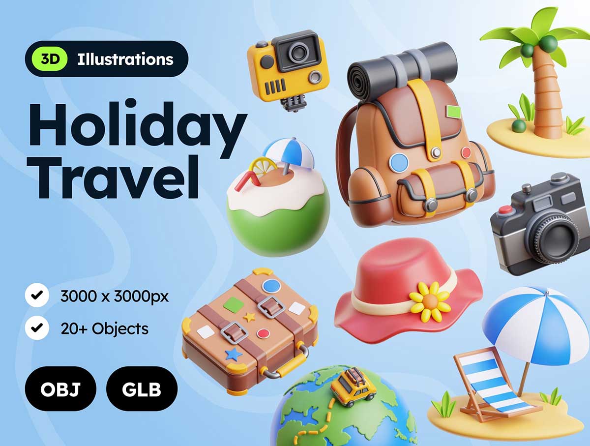 20个卡通假日旅行相关3D图标模型素材(OBJ,PNG) 20+ Holiday Travel 3D Icons