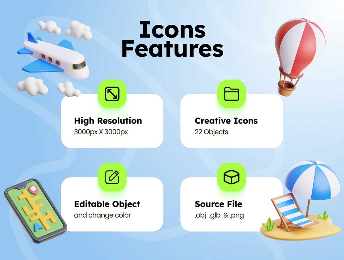 20个卡通假日旅行相关3D图标模型素材(OBJ,PNG) 20+ Holiday Travel 3D Icons