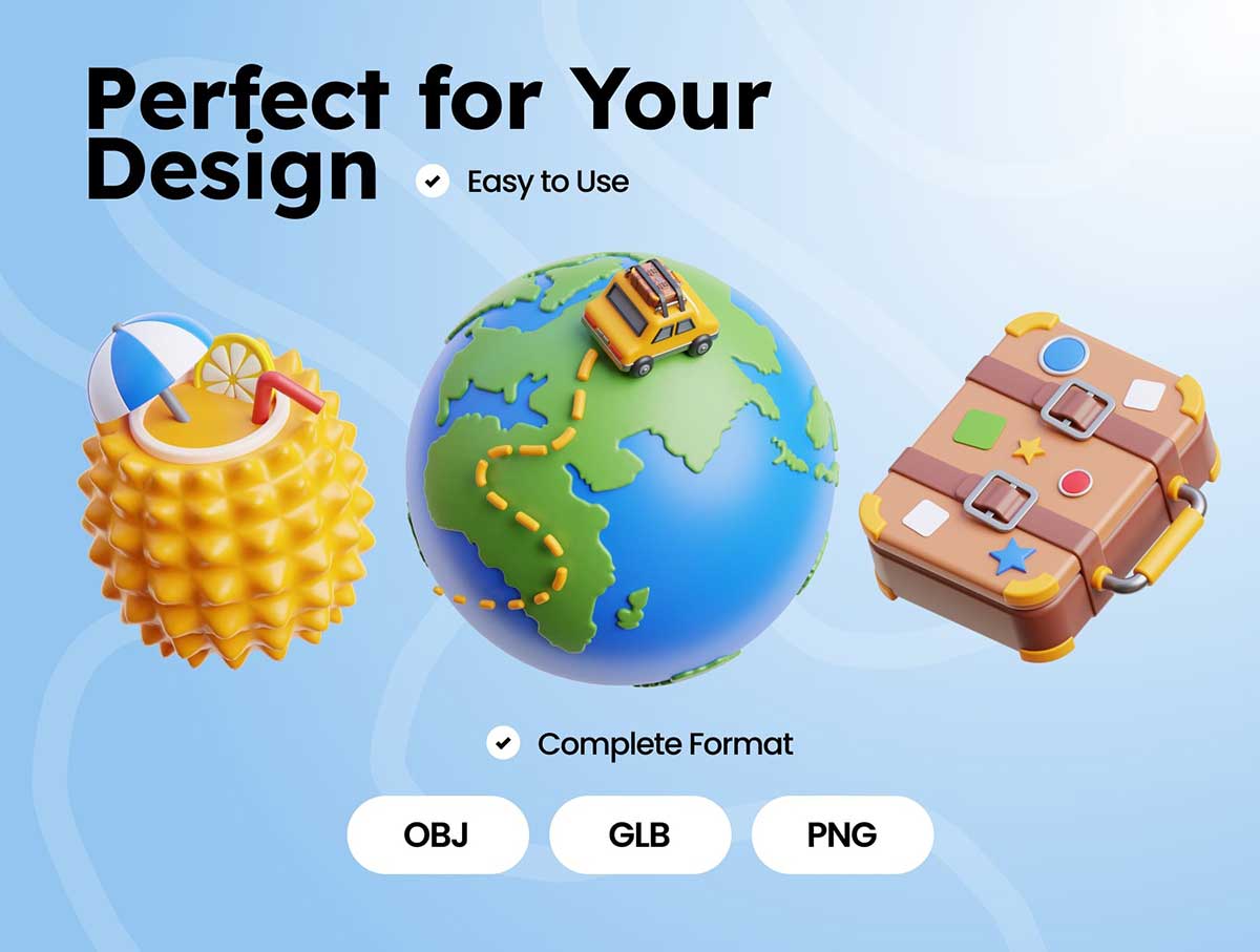 20个卡通假日旅行相关3D图标模型素材(OBJ,PNG) 20+ Holiday Travel 3D Icons