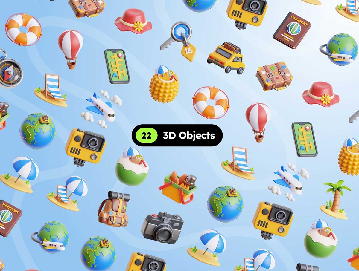 20个卡通假日旅行相关3D图标模型素材(OBJ,PNG) 20+ Holiday Travel 3D Icons