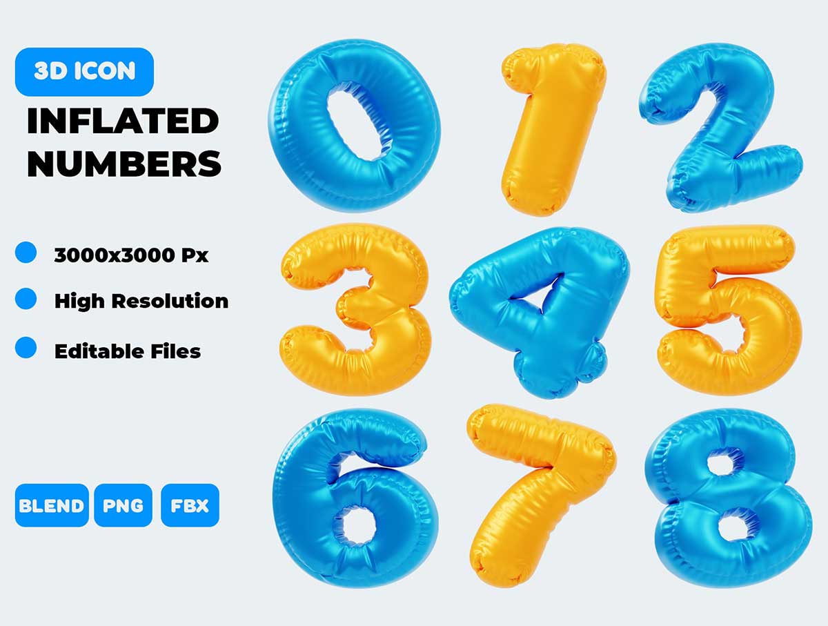 20个精美色彩鲜艳的膨胀数字3D图标模型素材(Blender,FBX,PNG)