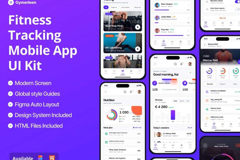 双配色健身锻炼私人教练数据统计APP界面UI套件设计素材 Fitness Tracking Mobile App UI Kit
