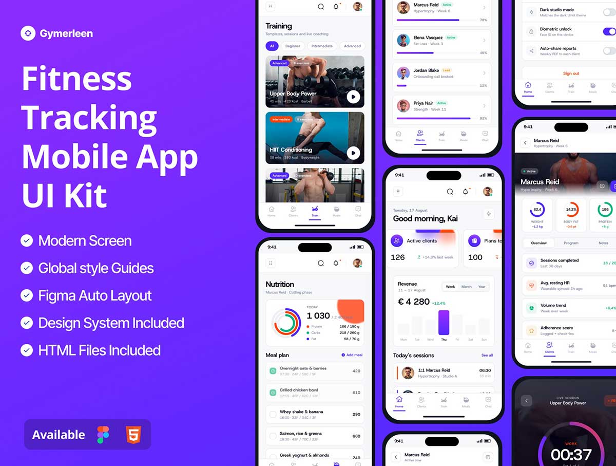双配色健身锻炼私人教练数据统计APP界面UI套件设计素材 Fitness Tracking Mobile App UI Kit