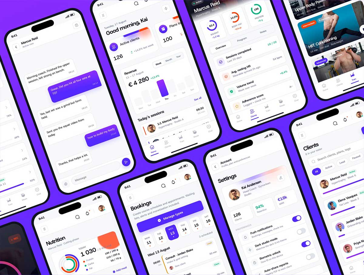 双配色健身锻炼私人教练数据统计APP界面UI套件设计素材 Fitness Tracking Mobile App UI Kit