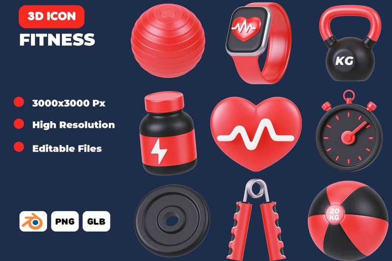健身用品主题3D图标模型素材(Blender,FBX,PNG) Fitness Items 3D Icon Pack