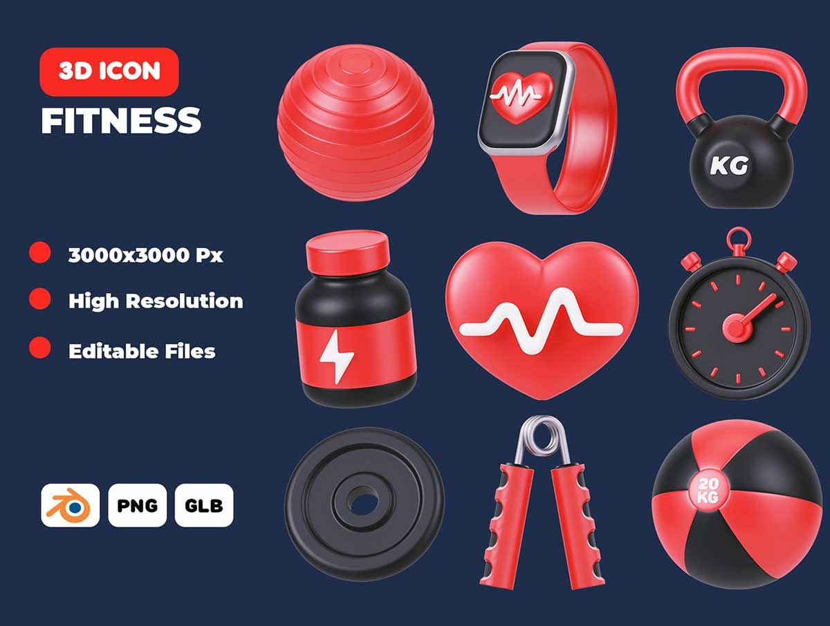 健身用品主题3D图标模型素材(Blender,FBX,PNG) Fitness Items 3D Icon Pack