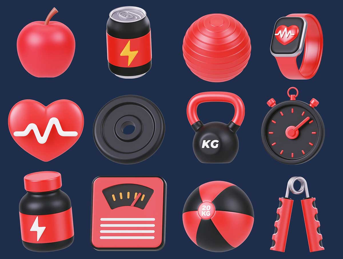 健身用品主题3D图标模型素材(Blender,FBX,PNG) Fitness Items 3D Icon Pack