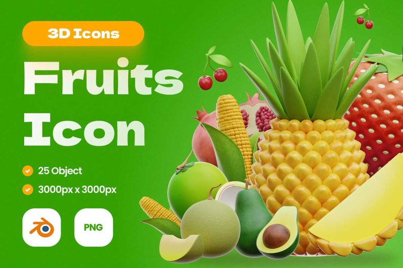 高品质卡通水果3D图标免扣设计素材(PSD,PNG) Fruits 3D Icon Illustrations