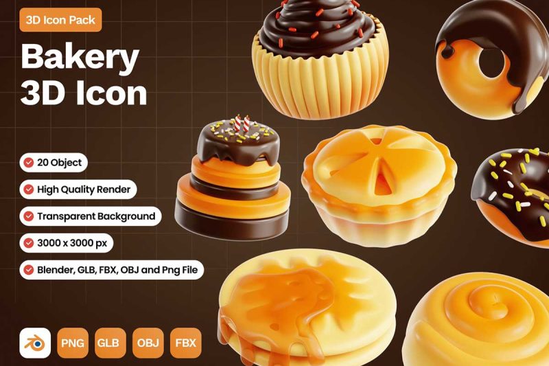 20款美味的面包食物3D图标模型素材(Blender,FBX,OBJ,PNG) Delicious 20 3D Icon Bakery