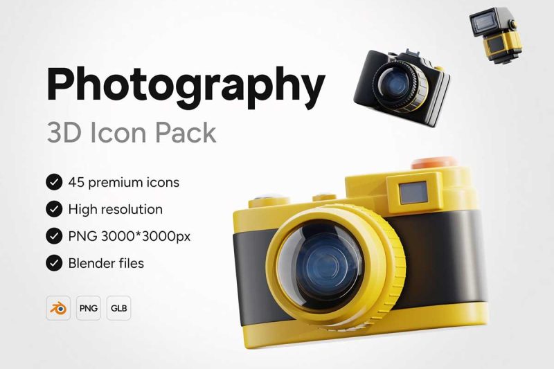 45个优质摄影主题图标3D模型素材(Blender,PNG) 3D Photography Icons